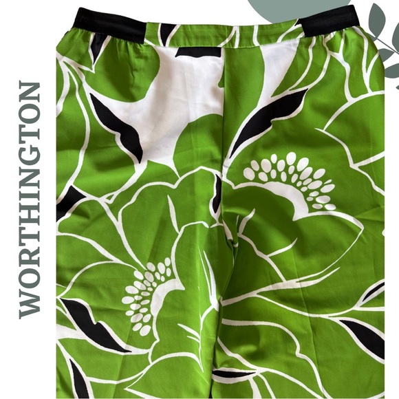 🛍️3/$40 Worthington Green Floral Wide-Leg Cropped Pants – Black White Size XL - Picture 5 of 6